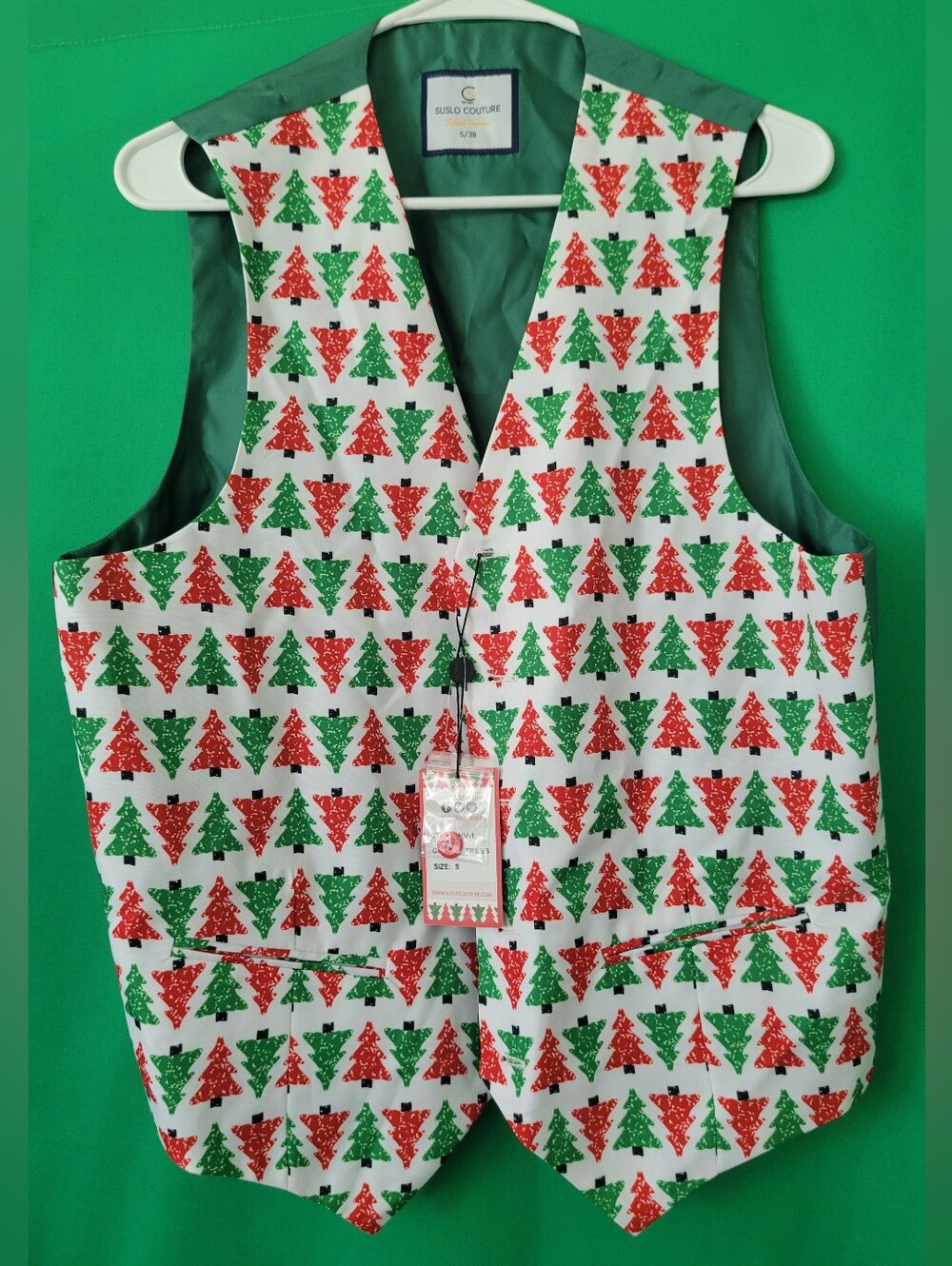 New Festive Holiday Tree Pattern Vest Sz S 38 Tailored Suslo Couture Christmas